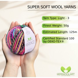 MeriWoolArt Merino Wool for Knitting and Crocheting - 125 m Multicoloured Thick Soft Merino Wool Yarn for Pullover Jackets - DIY Acrylic Knitting Yarn for Scarves, Neckerchiefs, Socks and Winter Gifts