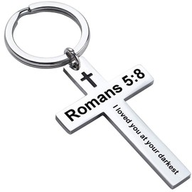 Ldurian Christian Keychain for Women, Cross Key Chain for Men Religious Scripture, Stainless Steel Faith Bible Verse Keychain, Romans 5:8, Stainless Steel, No Gemstone