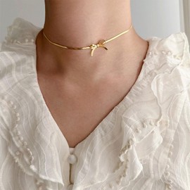 Bow Necklace Cute Gold Charm Necklace Dainty Gold Bow Choker Pendant Necklace Stocking Stuffers for Women Gold Jewelry Gift Christmas Gifts 2024