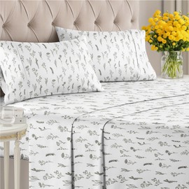 4 Piece Sheets King Set – Luxury Floral Flat Sheet 105 x 102, Fitted Sheet 78 x 80 and 2 Pillowcases 20 x 40 – Deep Pocket, Ultra-Soft Boho Botanical Bed Sheets – Oeko-TEX Black and White Sheets Set