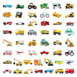 50Pcs Cartoon Cars and Trucks Stickers for Kids Construction Vehicle Stickers Transportation Stickers for Laptop Water Bottles Skateboard Cute Stickers for Kids Teens Adults