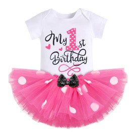 Baby Girls One 1st Birthday Outfit Mini Polka Dots Romper Tutu Dress Sequin Bowknot Mouse Headband Princess Skirt One Years Old Clothes Set for Kids Prom Dance Evening Ball Gown Hot Pink-1ST 1T