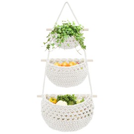 yuuzue 3 Tier Hanging Fruit Basket, Cotton Woven Wall Hanging Basket for Organizing, Hanging Produce Basket for Fruit Vegetable Storage, Boho Wall Baskets for Kitchen Bedroom Living Room