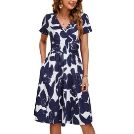 OUGES Women's 2025 Summer Short Sleeve V Neck Floral Midi Dress with Pockets Maternity Nursing Dresses Clothes(Short Sleeve-Floral K,L)