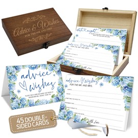 50 Pcs Advice And Wishes For The Mr and Mrs, Blue Floral Wedding Advice Cards with Wood Box, Floral Bridal Shower Wishes for Bride Groom Newlywed Engagement Party Bridal Shower Decoration-A08