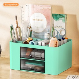 Drawer Organizers, 4 sections & 2 drawers Pen Holder for Desktop Storage, Desk Organizer, Plastic Makeup Organizer, Desk Organization for School, Home, Office Supplies (Mint Green)
