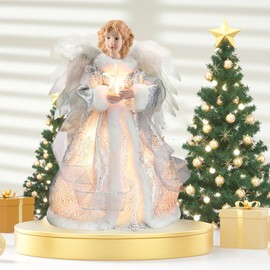 mumisuto Christmas Angel Tree Topper Decorations 12.6inch Exquisite Christmas Tree Fairy Topper Decorations With Feather Wings Light Up Fairy Topper Treetop for Christmas Xmas Tree Topper Decoration