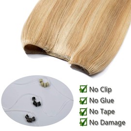 Silk-co 100% Real Human Hair One Piece Wire in Hair Extensions 16inch #18P613 Ash Blonde&Bleach Blonde Invisible Wire on Hair Piece