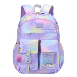 Primary Girls Backpacks Gradient Heart-Star, Elementary School Bags Bookbags for Girls, Gradient Purple-Large