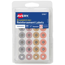 Avery Reinforcement Labels, 1/4" Diameter, Permanent Adhesive, Assorted Metallic Colors, Non-Printable, 280 Page Reinforcement Stickers (5745)