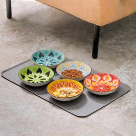 Boho 5 Ceramic Cat Bowls with Silicone Mat, 5.5 inch Wide Shallow Cat Food Bowl for Whisker Relief