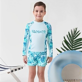 Xumplo Boys 2 Piece Swimming Costume Teen Boys Long Sleeve Top and Shorts Swimsuits Tween Boy Letter Print Swimwear UPF50+ Sun Protection Bathing Suit 4-5 Years Blue