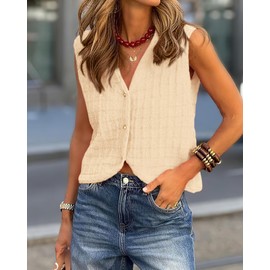 BTFBM Summer Sweater Vest for Women 2025 Sleeveless V Neck Lightweight Button Up Cardigan Knit Tank Tops Spring Clothes(Apricot, Medium)