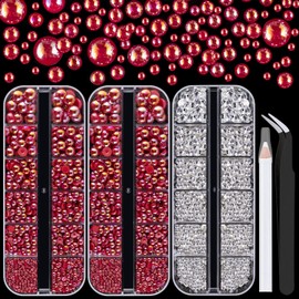 4000PCS Flatback Rhinestones and Half Round Pearls Kit #19, Multi Size Glass Clear Crystals, Plastic Flat Back Red AB Dome Bead with Pickup Pencil and Tweezer for Nail Art