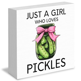 RUNMESS Pickles Decorations Wooden Sign, Coquette Pink Bows Wood Box Signs, Just A Girl Who Loves Pickles Table Signs, Pickles Lovers Decor, Pickles Office Desk Sign Decor, 5x5 Inch