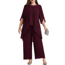 Hanna Nikole Plus Size Wedding Pant Suits 3/4 Sleeve Maternity 2 Pcs Mother of The Groom Pantsuits Wine Red 4X