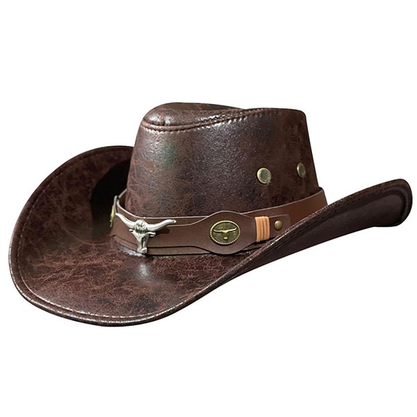 INOGIH Faux Leather Western Cowboy Hats for Men and Women Fedora Gambler Hat Cowboy Style Outback Hat with Buckle Band Coffee