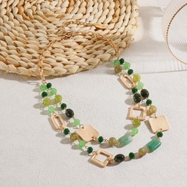 Bocar Collar Beaded Chian Necklace Geometry 2 Strand Layer Statement Jewelry Women Gift (NK-10744-Green)