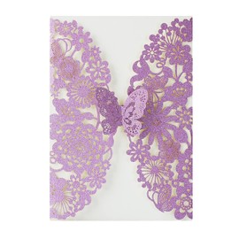 Hosmsua 20 x Purple Glitter Laser Cut Lace Flora Wedding Invitation Cards with Butterfly and Envelopes for Birthday Bridal Shower Engagement Birthday Wedding Invitations (Pack of 20)