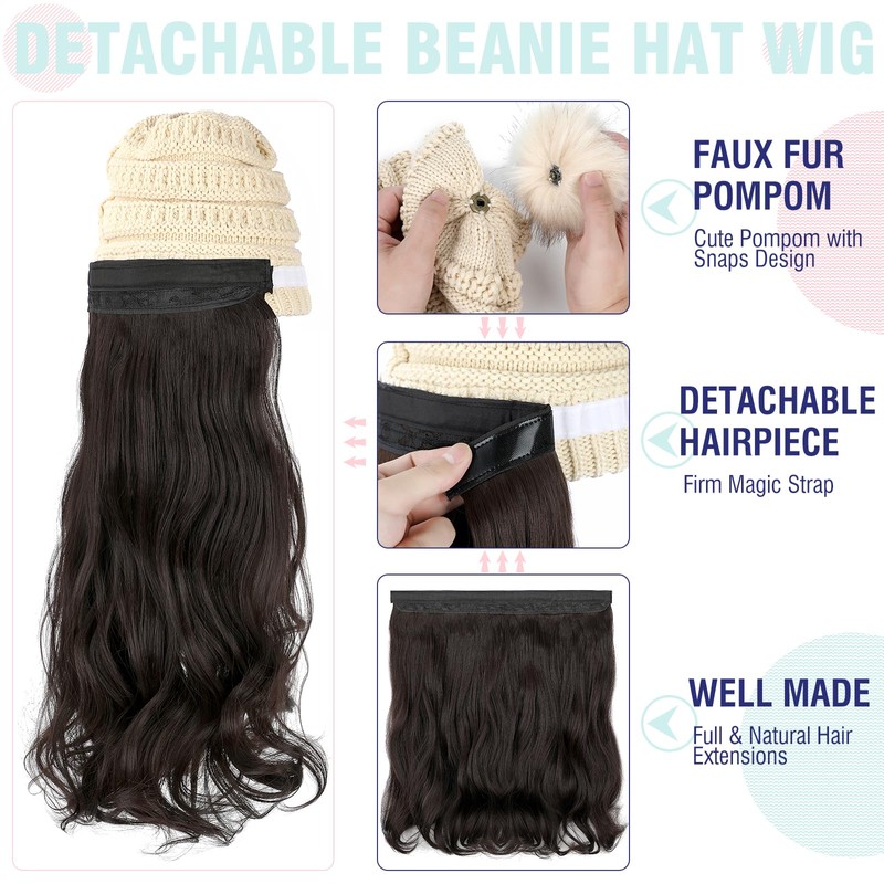 Hat Wig Beanie Hat with Hair Long Wavy Extensions Knit