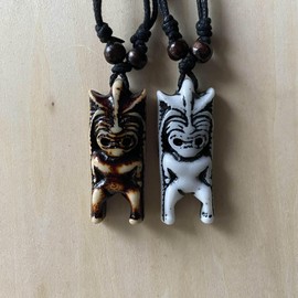 Kysin Chiys 2 PCS Hawaiian Protection Amulet Lucky Pendant Necklaces Set Tiki Caved Satue Handmade Polynesian Ethnic Tribal Vintage Surfer Beach Necklaces for Men Women - Style 06
