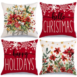 GEEORY Merry Christmas Throw Pillow Covers 18x18 Inch Set of 4, Floral Mason Jar Snowflakes Happy Holidays Red Winter Farmhouse Decorative Cushion Cases for Home Decoration G608-18