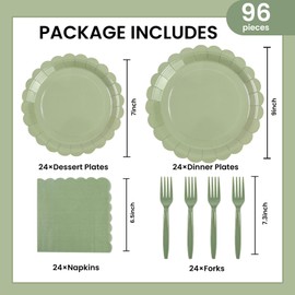 96PCS Sage Green Paper Plates and Napkins, 24 Guest Sage Green Disposable Tableware Set Include Scalloped Paper Plates Napkins and Forks Decoration Party Supplies for Baby Shower Wedding Birthday