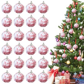 24Pcs Farmhouse Christmas Ball Ornaments 2.36 inch Red Toile Ball Ornaments French Country Rustic Vintage Fabric Wrapped Christmas Ball Ornaments Foam Hanging Ball Ornaments for Xmas Tree Decor