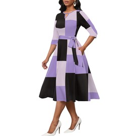 CLOCOR Midi Dresses for Women 3/4 Sleeve Casual A Line Dresses Wedding Guest Party Fit and Flare Dress Purple Square L