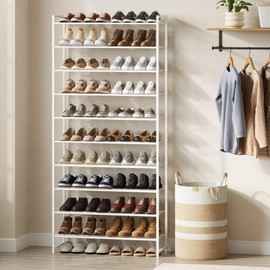 Nunsino Shoe Rack, Metal Shoe Organizer, 10 Tier Garage Shoe Rack Max Holds 50 Pairs,Shoe Storage Shelf for Closet,Entryway,White