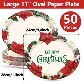 50 PCS Christmas Oval Paper Plates Large 11” Disposable Poinsettias Theme Party Decorations Winter Floral Supplies Favor for Merry Christmas Dinner Heavy Duty Dish Platter Birthday Party Tableware Set