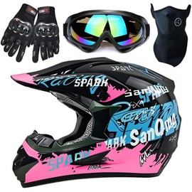 Motocross Helmet,Youth & Kids ATV Dirt Bike Motorcycle, BMX 4-Wheeler Off-Road Mountain Bike,DOT Certified,W/Gloves Goggles Mask 4-Piece Set (Pink, Small)