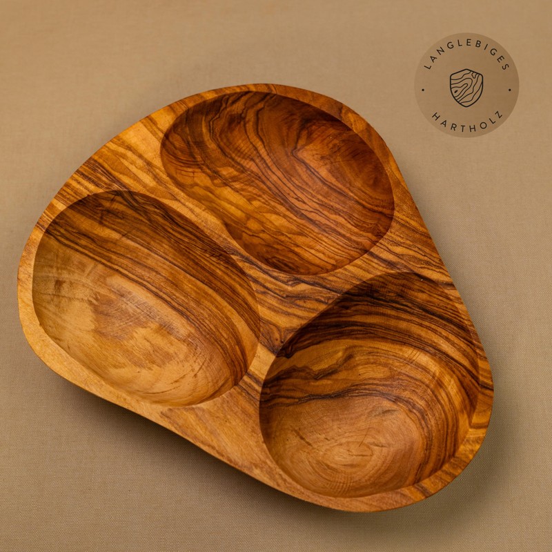 das Olivenholzbrett® Olive Wood Bowl with 3 Compartments / Tapas