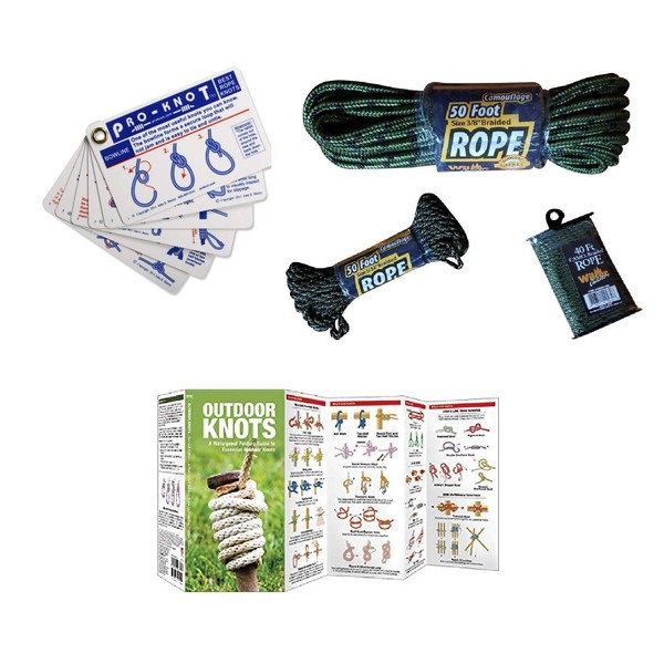 Knot Tying Kit Deluxe with 140 feet of Camo Rope in Variety of Sizes - PRO-Knot Cards Plus Outdoor Knots Guide