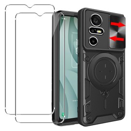 KZIOACSH Case for TCL 40 XE 5G, Military Grade Shockproof Hard PC+Soft TPU Case [Rotatable Ring Kickstand][Slide Camera Lens] Military Anti-Scratch Rugged Bumper Cover with 2 Tempered Glass, Black