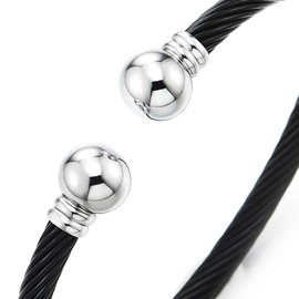 COOLSTEELANDBEYOND Silver Black Elastic Adjustable Stainless Steel Twisted Cable Cuff Bangle Bracelet for Men Women(CA)
