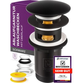 Black Sink Drain Fitting with Overflow - Pop Up Drain Valve for Washbasin & Sink - Black Drain Fitting 1 ¼ Inch - Push Open Valve M. ROSENFELD HOME