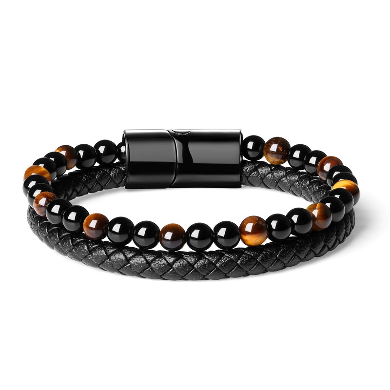 Adorashine Men's Braided Leather Bracelet, 8.3inch Black Braided Leather Stainless