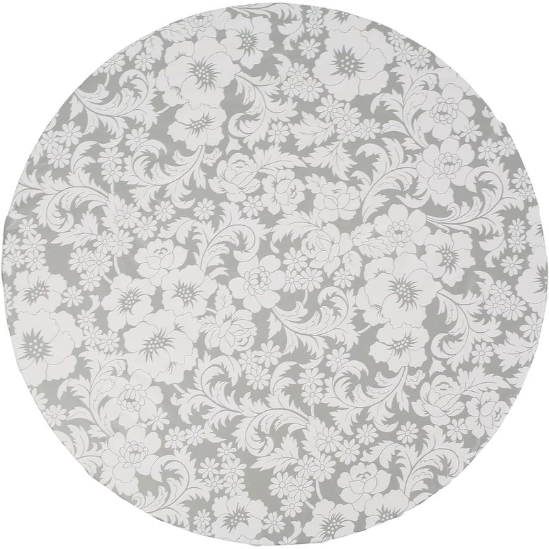 GRISHA Waterproof Round Tablecloth,Elastic Edged Fitted,Oilcloth,PVC,Wipeable,Outdoor circular plastic cover,Gray Flowers