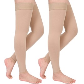 GODORIO 2Pairs 20-30mmHg Thigh High Compression Stockings, Footless Thigh High Compression Socks for Women, Medical Compression Stockings for Varicose Veins, Swelling, Teacher, Doctor（Beige, 4XL）