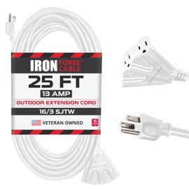 Iron Forge Cable 3 Outlet White Extension Cord 25 ft, 16/3 SJTW Indoor & Outdoor Heavy Duty 3 Prong Extension Cord with Multiple Outlets, Weatherproof Power Cable for Outside, Lawn, Home & Office
