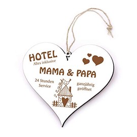 Engraved Heart Sign with German Text "Hotel Mama & Papa Alles Inklusive - Door Sign Wooden Sign 13 x 12 cm