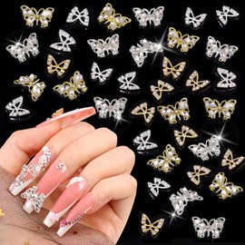 40Pcs 3D Butterfly Nail Charms, Gold + Silver Multi Shapes Shiny Luxury Gems, Crystal Diamond Jewels Studs with Rhinestones for Nail Design, Nail Art Decoration Set for Acrylic Nails