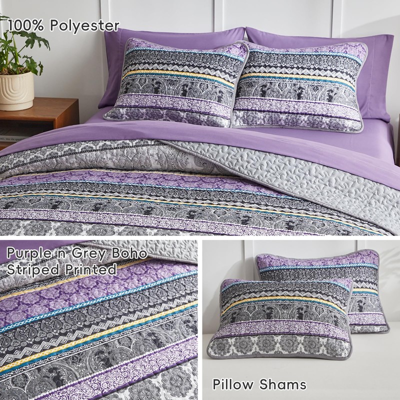 3 Pieces Colorful Boho Quilt Set Full Queen Size, Purple