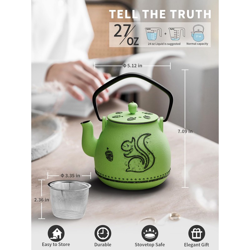 Toptier Teapot with Removable Infuser, Cast Iron Tea Kettle Stovetop