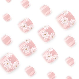 24Pcs White French Press on Toe Nails Short Square QUNQINLI Fake Toenails with White Flowers Design Nude False Toe Nails Summer Glue on Toenails Glossy Stick on Toe Nails Kit for Women
