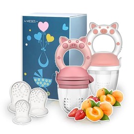 Chupón Para Fruta Y Papilla con Seguro Y Tapa Dibujos Animados, 2 piezas, Libre de BPA (ROSA Y BLANCO ROSA)