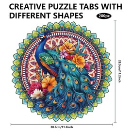 GLOBLELAND Pack of 200 Peacocks and Flowers Wooden Jigsaw Puzzles for Toddlers Mandala Puzzles Colourful Unique Shaped Puzzles Birthday Gifts for Preschool Learning