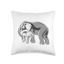 Hopscotch Goods Hand Illustrated Mama Elephant with Her Adorable Calf Throw Pillow, 16x16, Multicolor