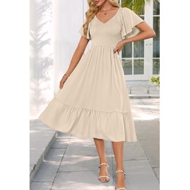 MEROKEETY Women's Summer Casual V Neck Ruffle Sleeve Smocked High Waist Midi Dress with Pockets, Beige, S
